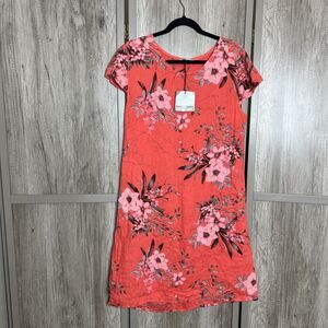 Angela Mara Linen Dress Size L Floral Pockets Cap Sleeves Coral NEW